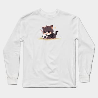 Striped cat loving football Long Sleeve T-Shirt